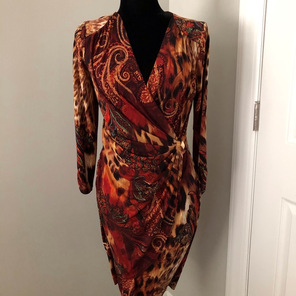 Cache animal print jersey dress, with gold accents